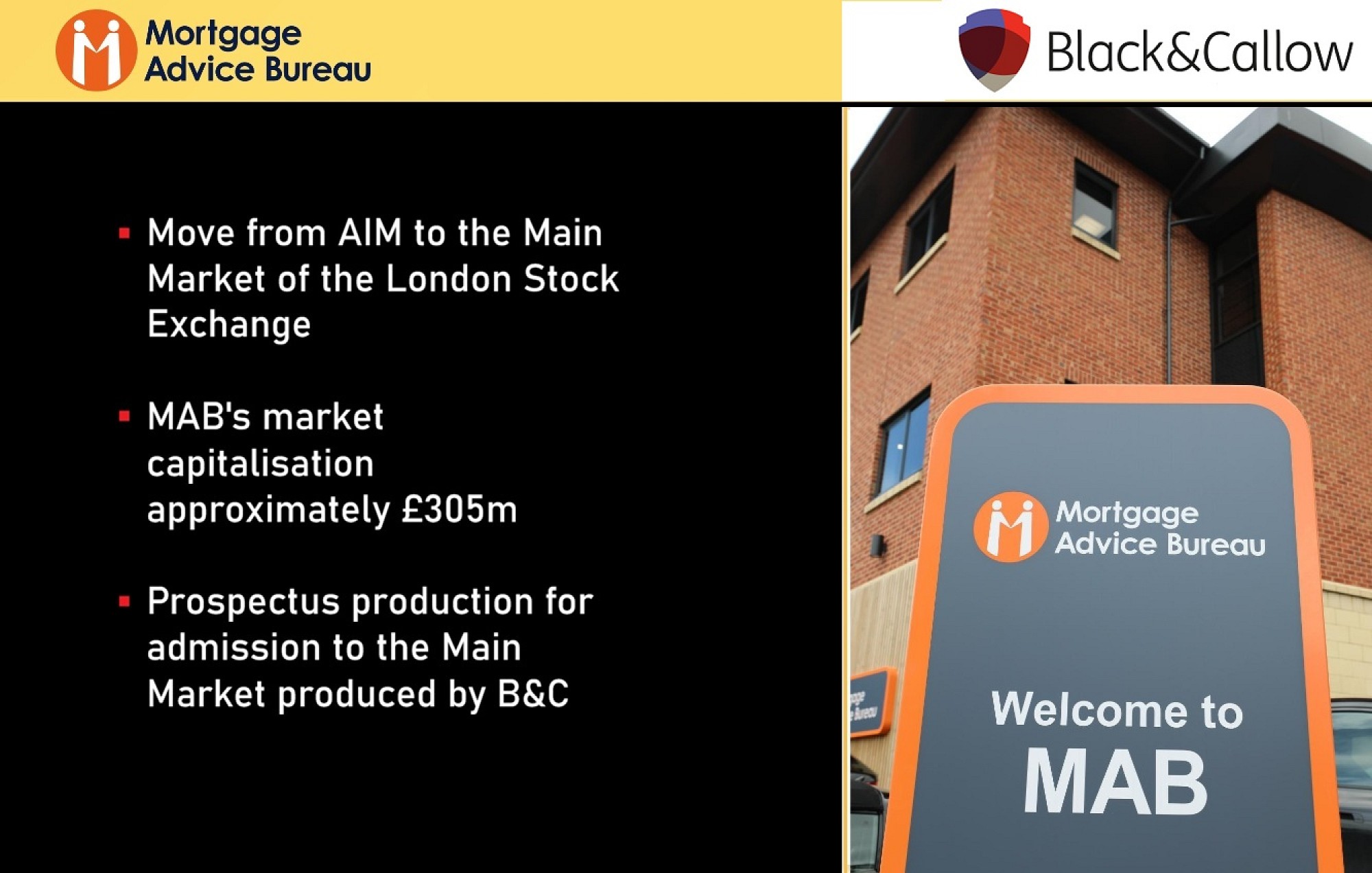 B&C helps MAB's move from AIM to Main